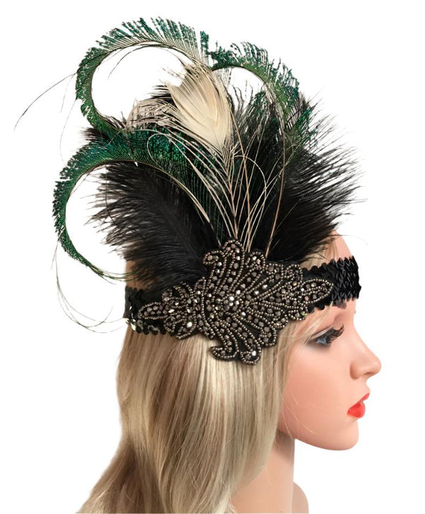 Adult 1920s Flapper Headband - Black Green Peacock Feather Gatsby Headpiece