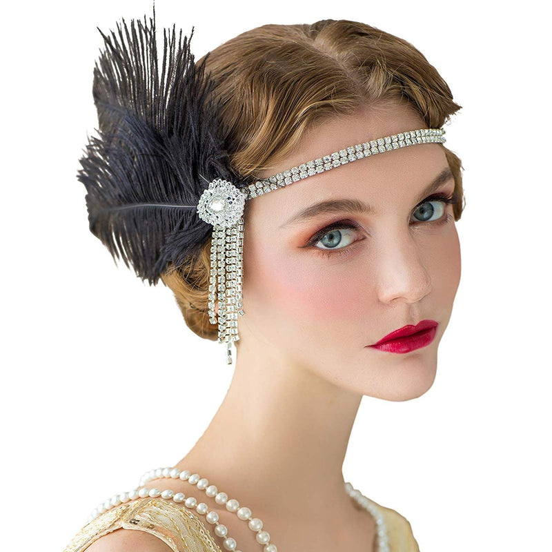Adult 1920s Flapper Headband - Black Feather & Crystal Gatsby Accessory