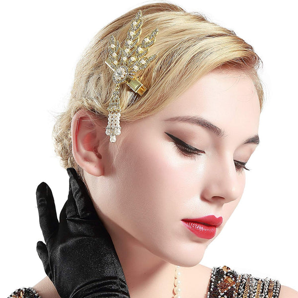 Womens 1920s Flapper Hair Clip - Art Deco Gatsby Rhinestone & Pearl Accessory