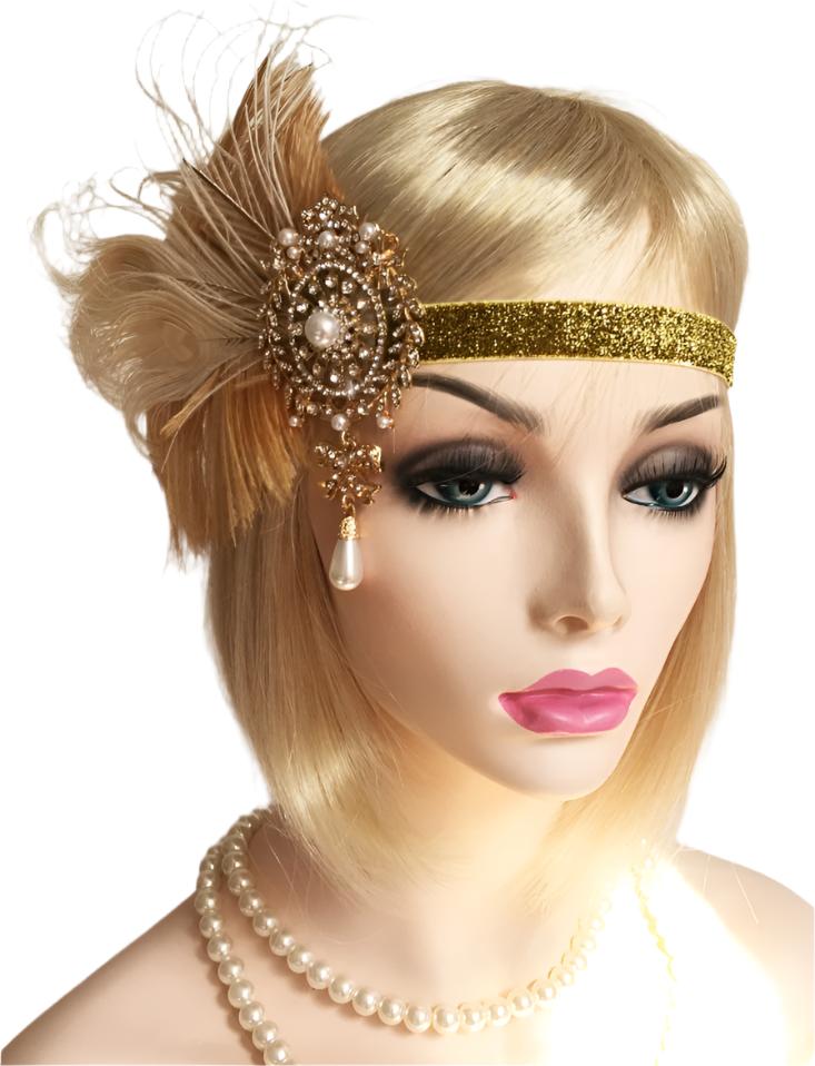 Adult 1920s Flapper Headband - Gold Feather Gatsby Headpiece Accessory