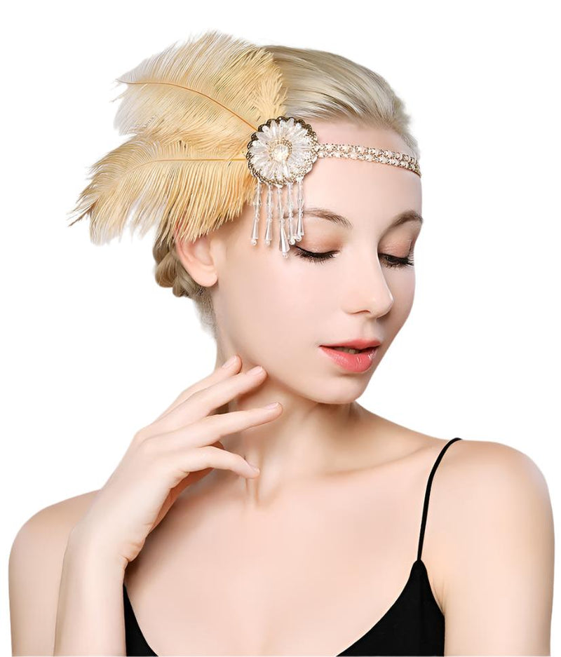 Adult 1920s Flapper Headband - Gold Feather Gatsby Costume Accessory