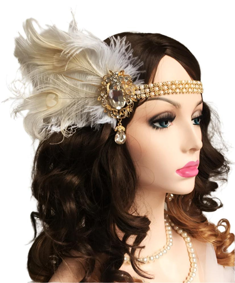 Adult 1920s Flapper Headband - Gold Crystal Feather Gatsby Accessory