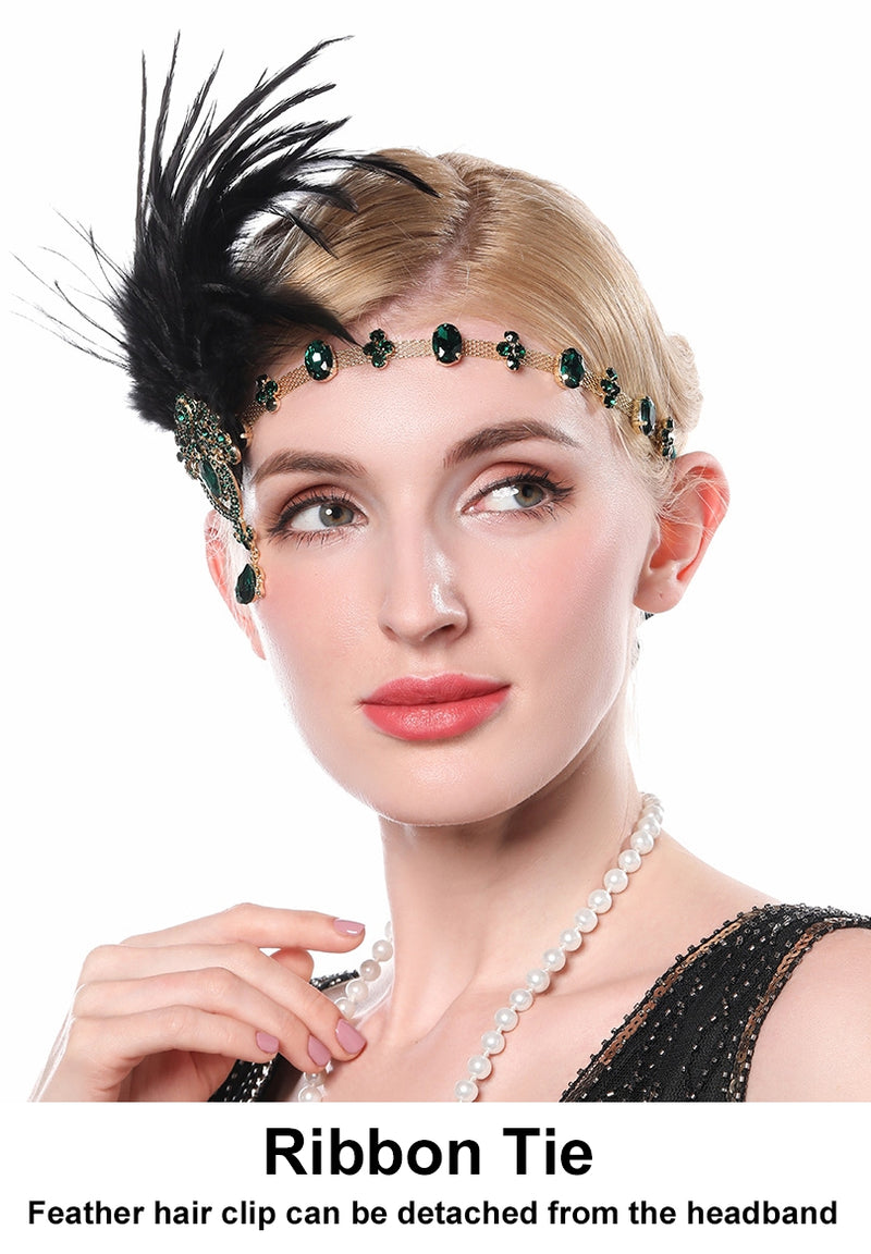 20s headband with black feather and green Rhinestones
