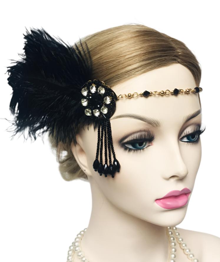 Womens 1920s Gatsby Headband - Black Feather Crystal Flapper Accessory