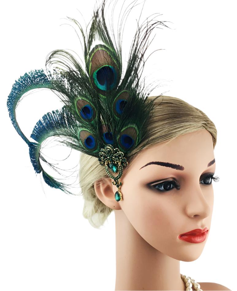 Adult 1920s Peacock Feather Hair Clip - Gatsby Flapper Fascinator