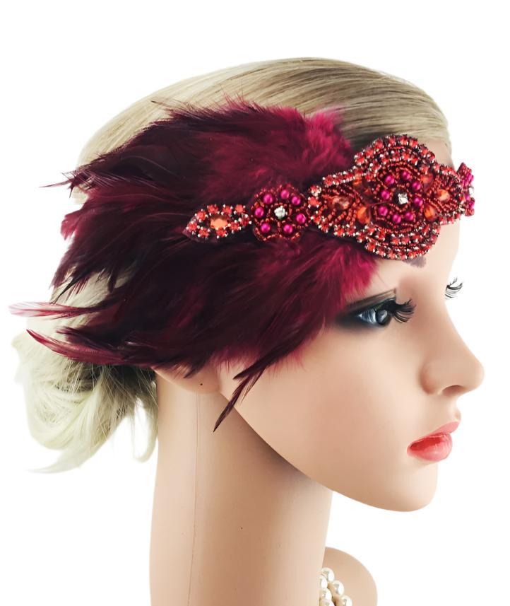 Adult 1920s Flapper Headband - Wine Red Feather Gatsby Costume Accessory