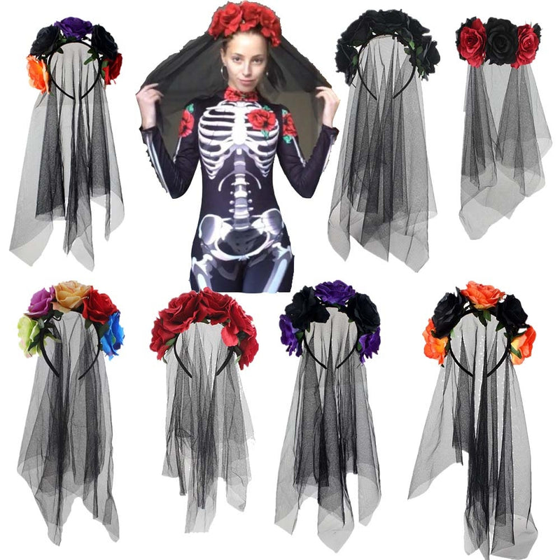 Halloween Day of the Dead Black Veil Rose Headband