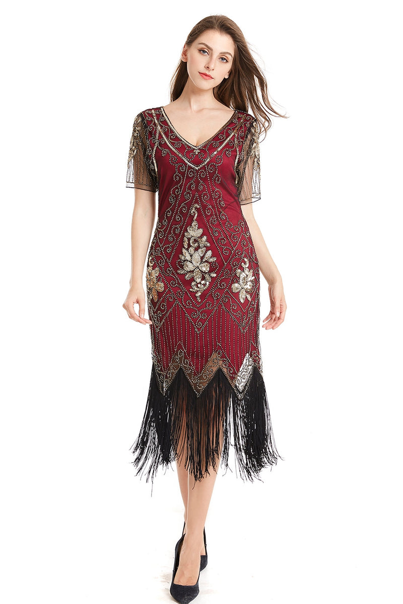 1920s Red Wine Vintage Charleston Flapper Dress