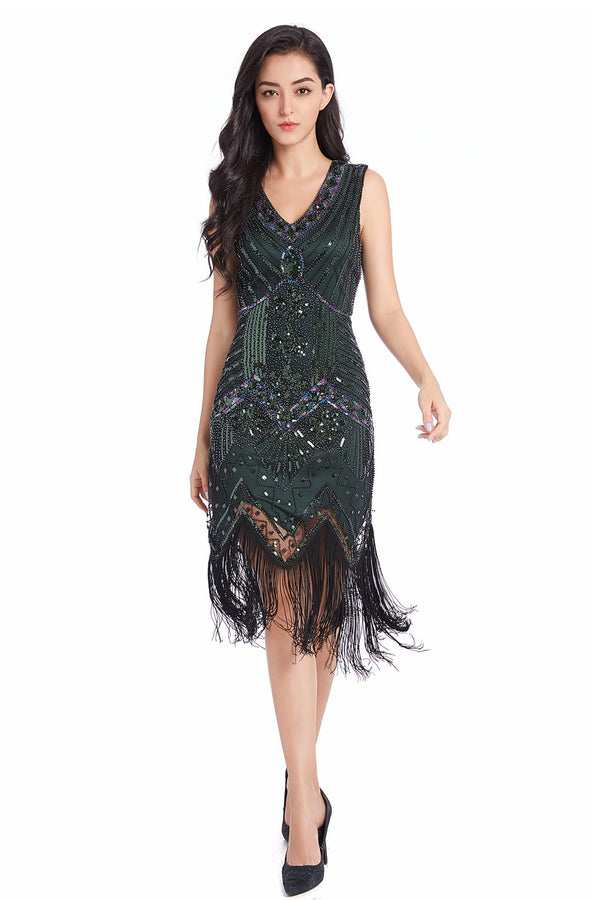 20s Dark Green Flapper Sequin Tassel Dress