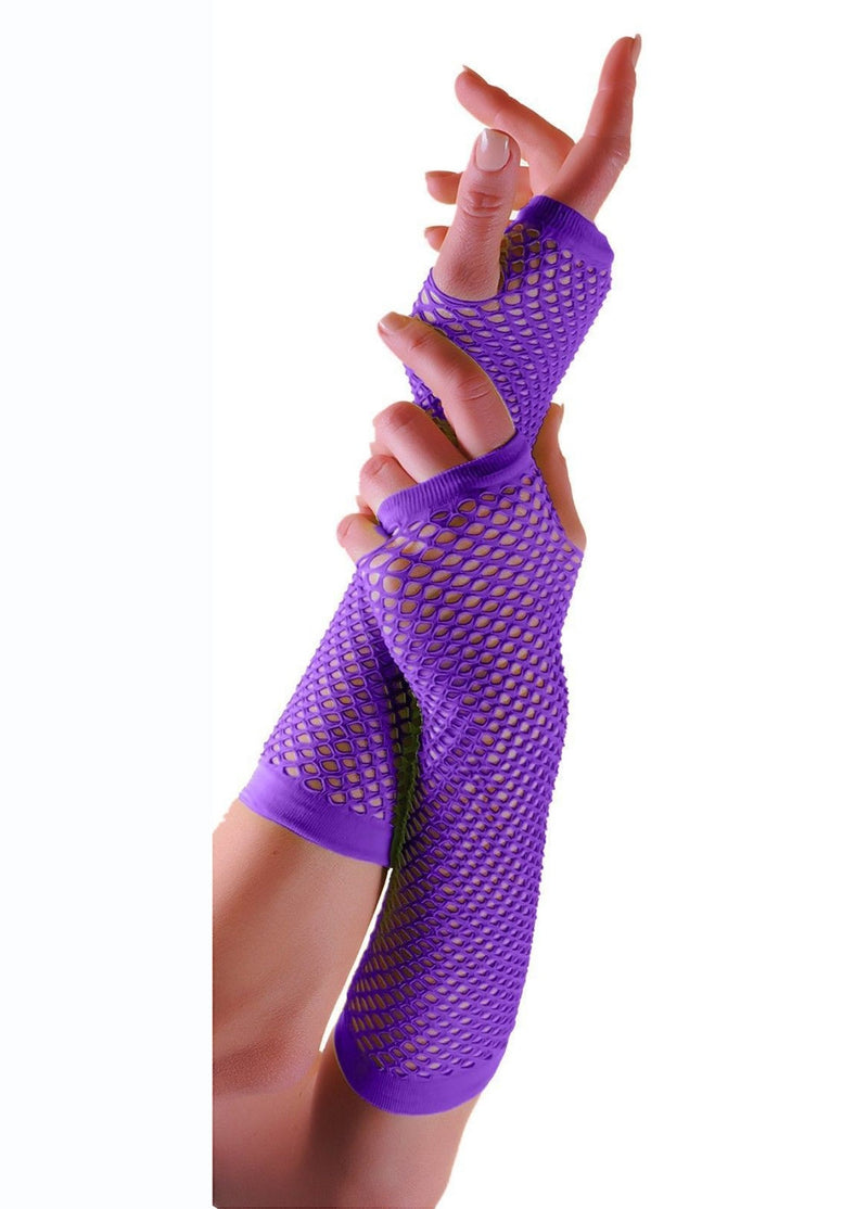 Purple Fishnet Gloves Fingerless Wrist Length 70s 80s Women's Neon Accessories