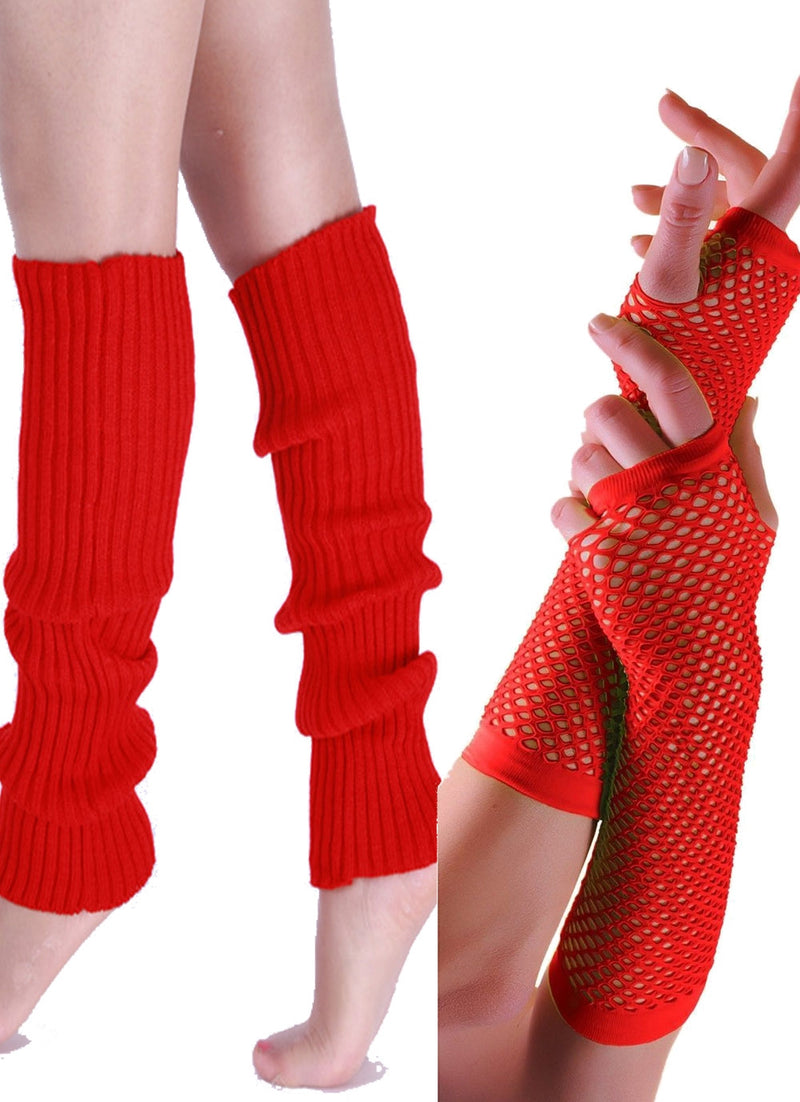 Red 80s Neon Fishnet Gloves Leg Warmers Accessory Set