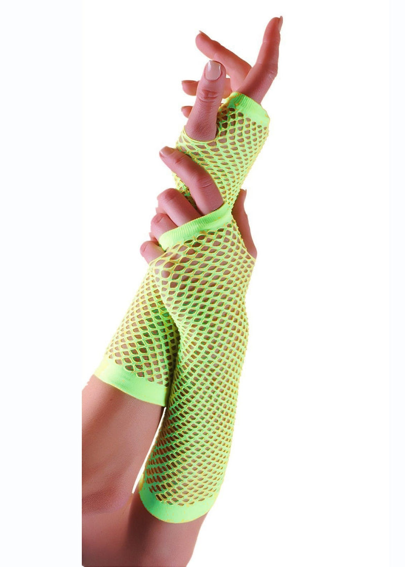 Green Fishnet Gloves Fingerless Elbow Length 70s 80s Women's Neon Party Dance