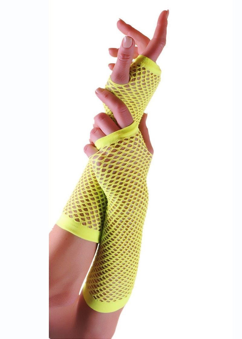 Yellow Fishnet Gloves Fingerless Elbow Length 70s 80s Women's Neon Party Dance