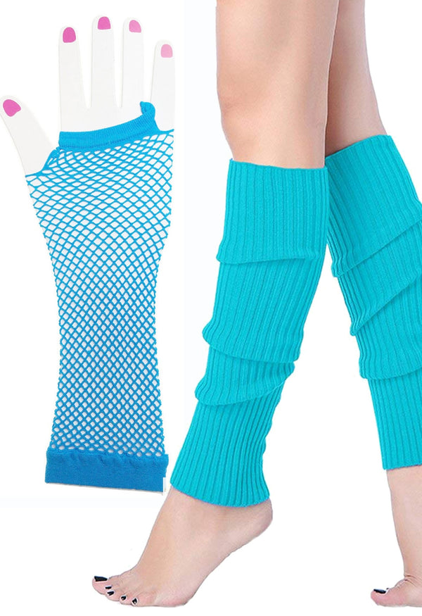 Coobey 80s Neon Baby Blue Fishnet Gloves Leg Warmers accessory set