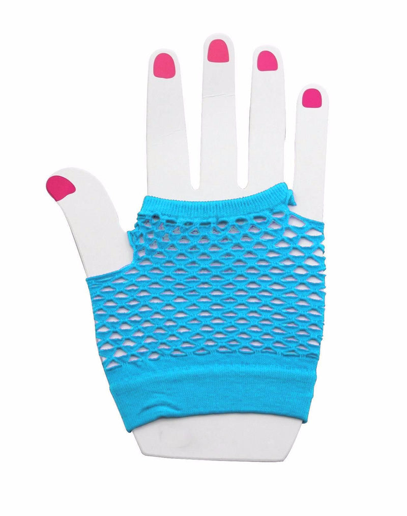 Light Blue Fishnet Gloves Fingerless Wrist Length 70s 80s Women's Neon Accessories