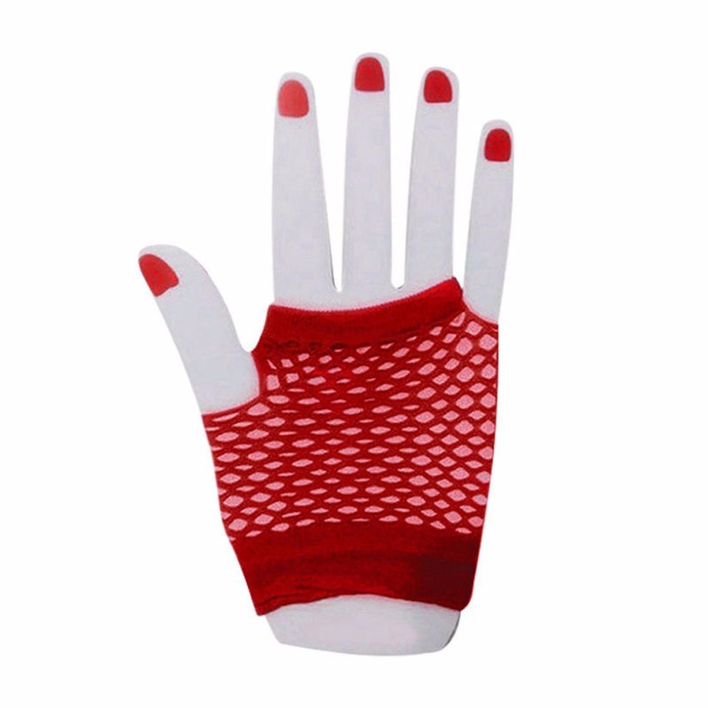 Red Fishnet Gloves Fingerless Wrist Length 70s 80s Women's Neon Party Dance