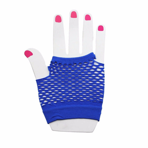 Blue Fishnet Gloves Fingerless Wrist Length 70s 80s Women's Neon Party Dance