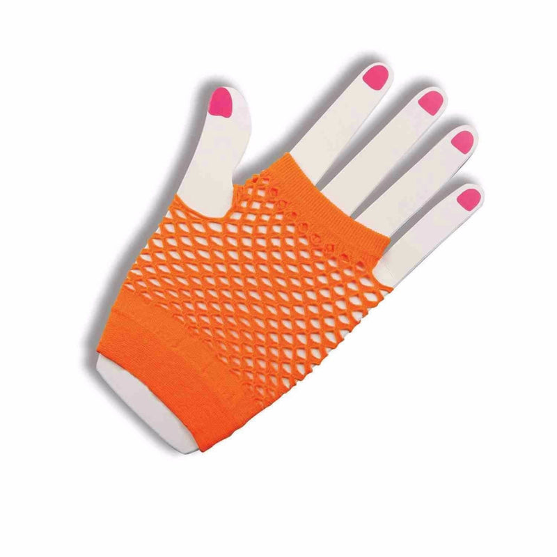 Orange Fishnet Gloves Fingerless Wrist Length 70s 80s Women's Neon Party Dance