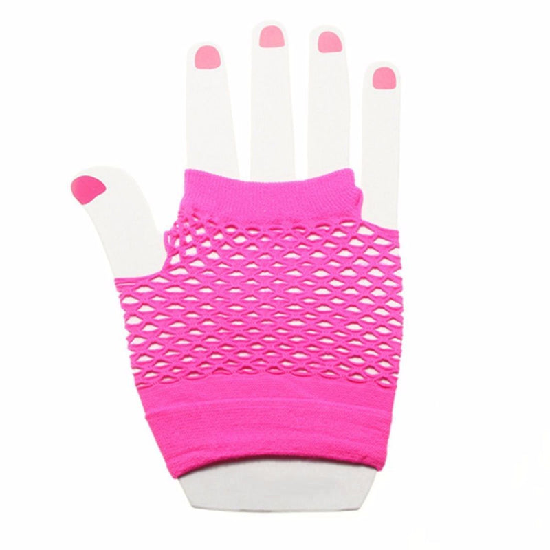 Pink Fishnet Gloves Fingerless Wrist Length 70s 80s Women's Neon Party Dance