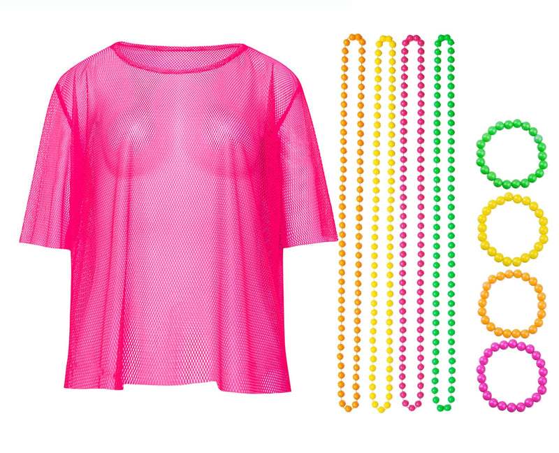 Pink Neon Fishnet Vest Top T-Shirt 1980s Costume Plus Beaded Necklace Bracelet