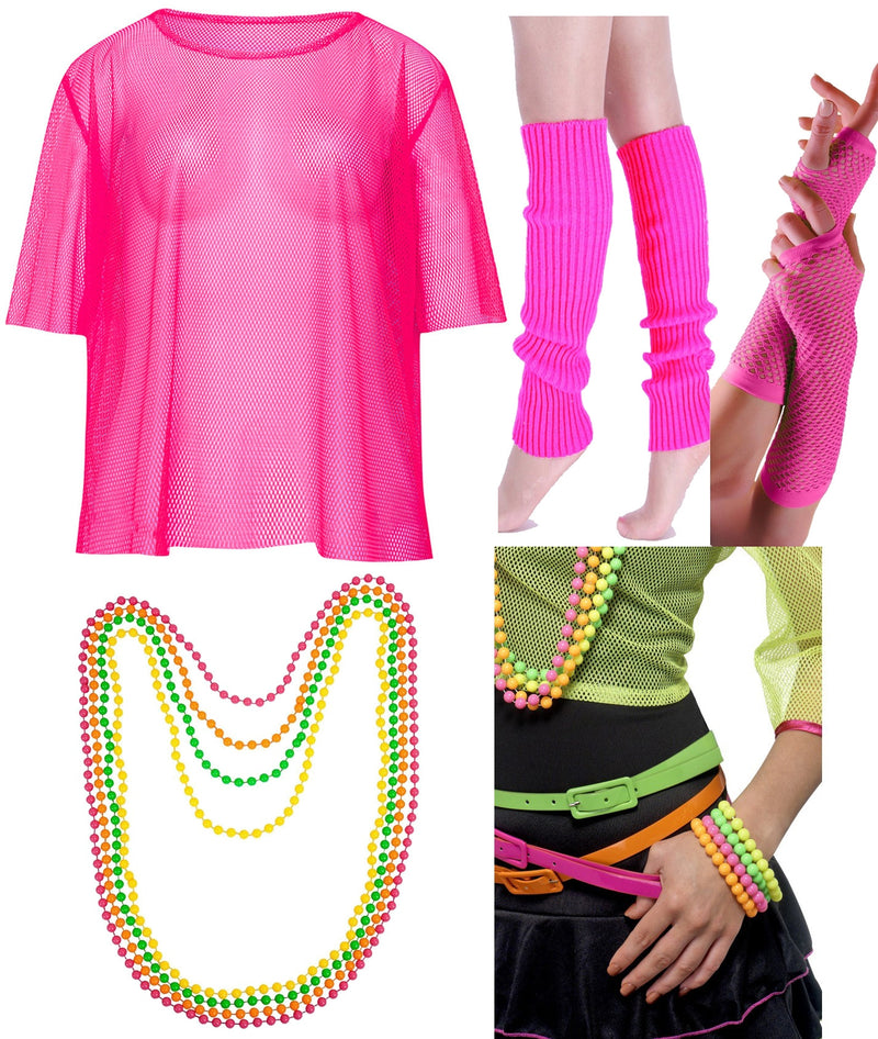 Pink Neon Fishnet Vest Top T-Shirt 1980s Costume Beaded Necklace Bracelet legwarmers gloves