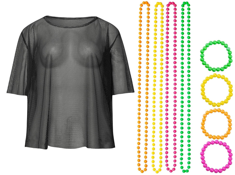Black Neon Fishnet Vest Top T-Shirt 1980s Costume  Plus Beaded Necklace Bracelet