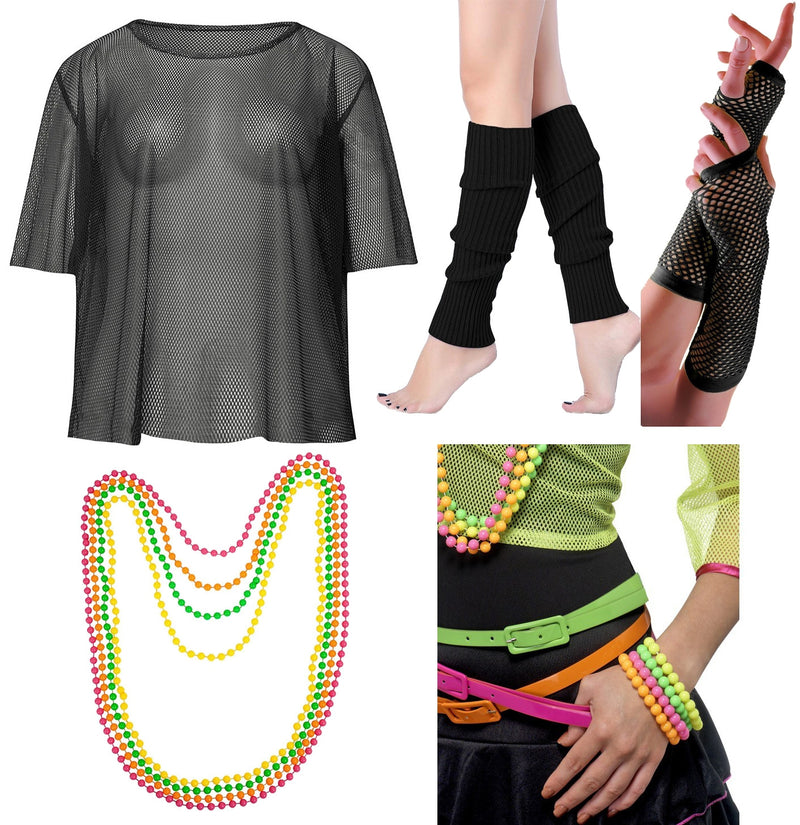 Black Neon Fishnet Vest Top T-Shirt 1980s Costume  Plus Beaded Necklace Bracelet legwarmers gloves