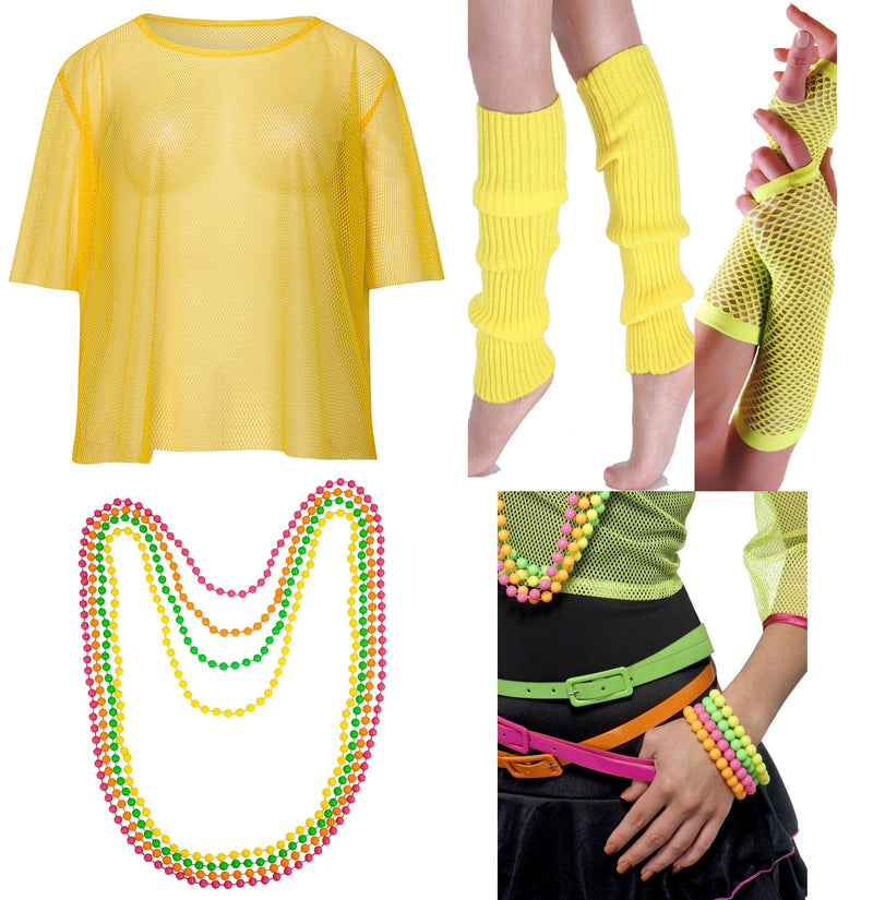 Yellow Neon Fishnet Vest Top T-Shirt 1980s Costume Plus Beaded Necklace Bracelet legwarmers gloves