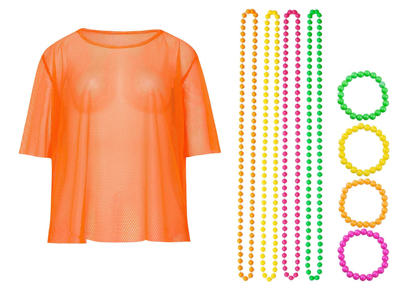 Orange Neon Fishnet Vest Top T-Shirt 1980s Costume Plus Beaded Necklace Bracelet