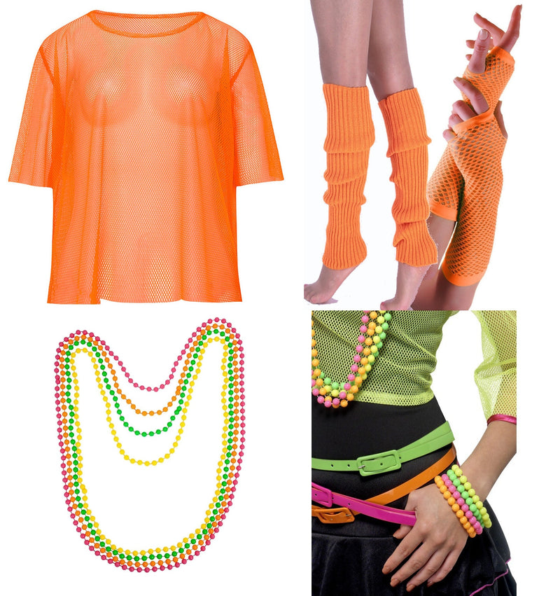 Orange Neon Fishnet Vest Top T-Shirt 1980s Costume  Plus Beaded Necklace Bracelet legwarmers gloves