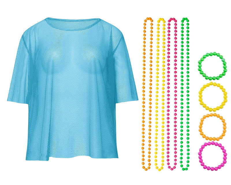 Blue Neon Fishnet Vest Top T-Shirt 1980s Costume Plus Beaded Necklace Bracelet