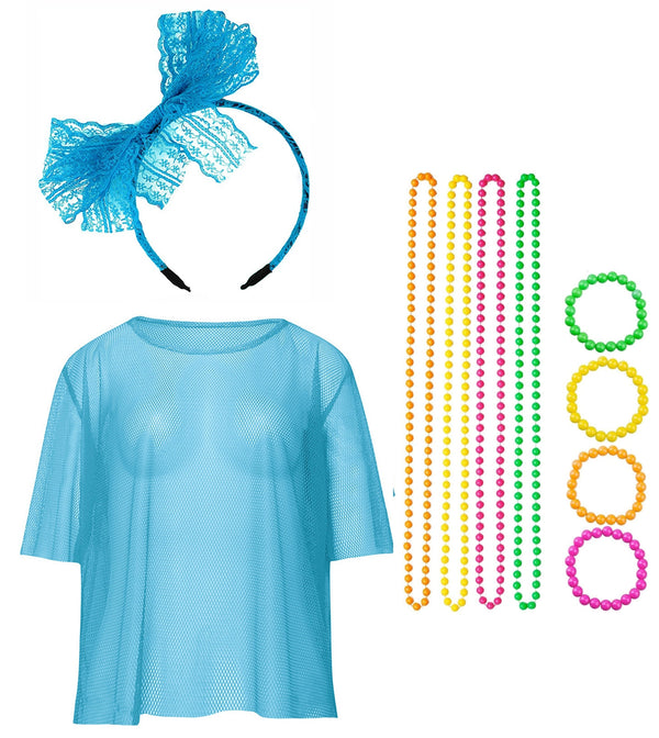 Blue Neon Fishnet Vest Top T-Shirt Set