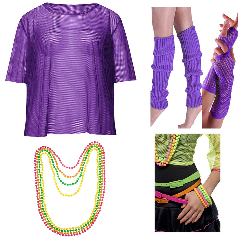 Purple Neon Fishnet Vest Top T-Shirt 1980s Costume  Plus Beaded Necklace Bracelet  legwarmers gloves