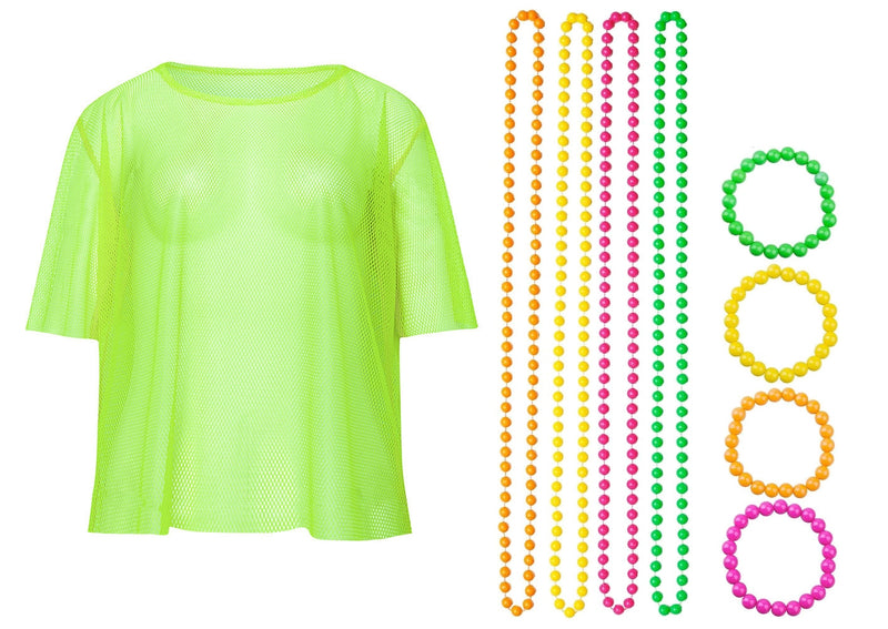 Green Neon Fishnet Vest Top T-Shirt 1980s Costume Plus Beaded Necklace Bracelet