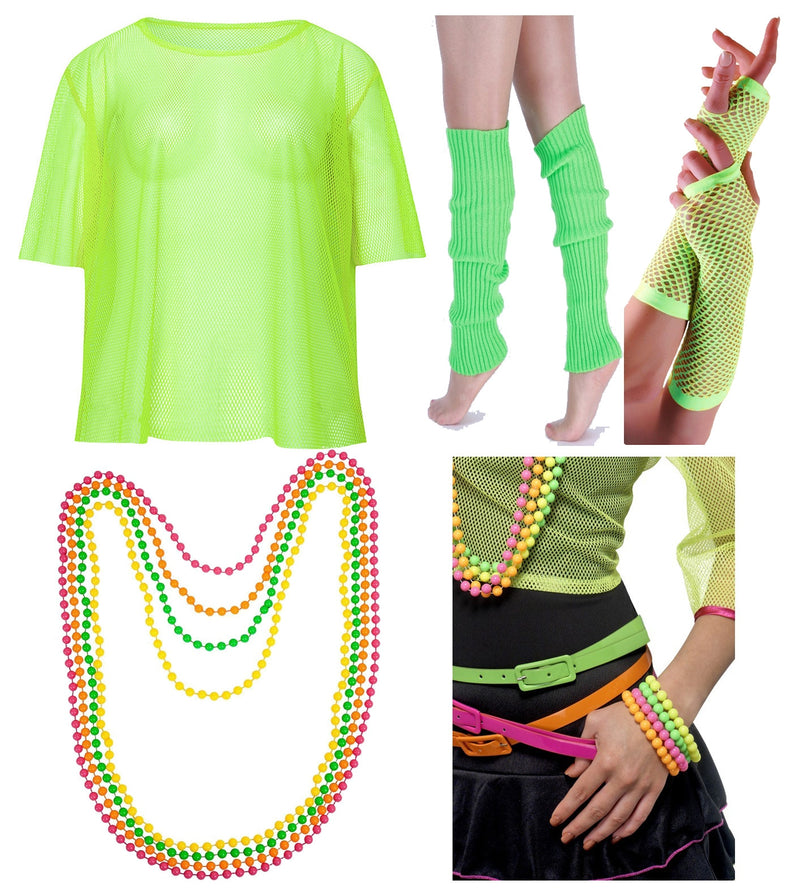Green Neon Fishnet Vest Top T-Shirt 1980s Costume Set