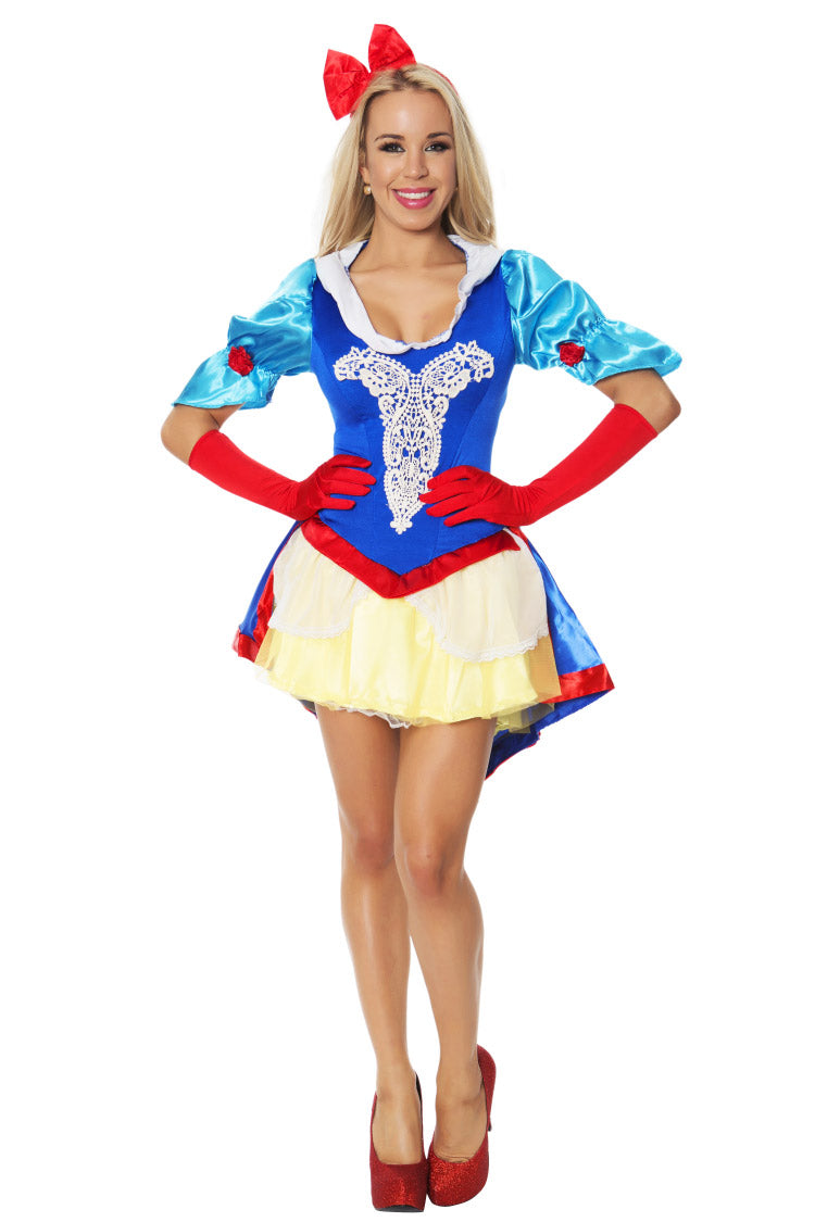 Women's fairytale princess costume with blue bodice and yellow skirt