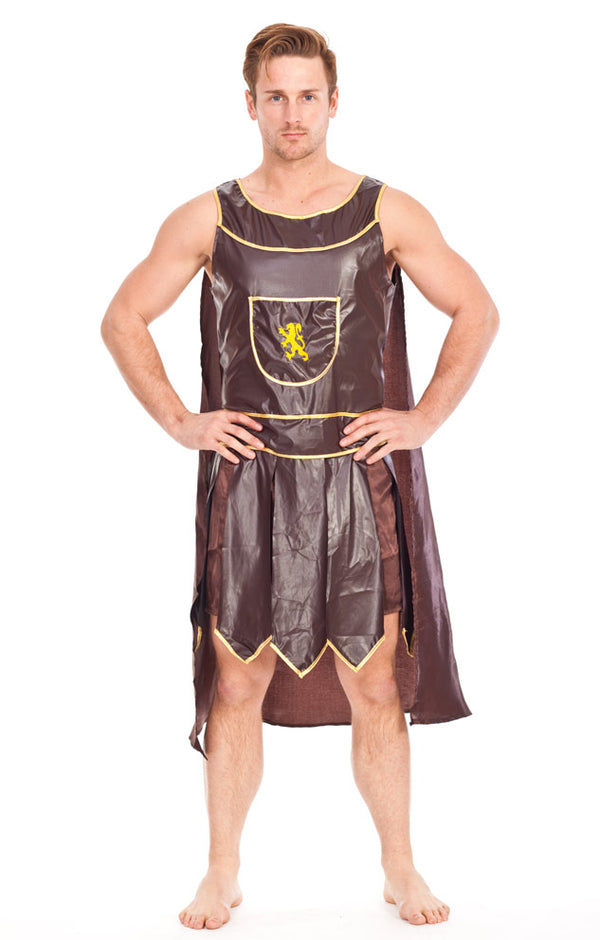 Men's brown Greek warrior tunic costume with gold trim and cape front view