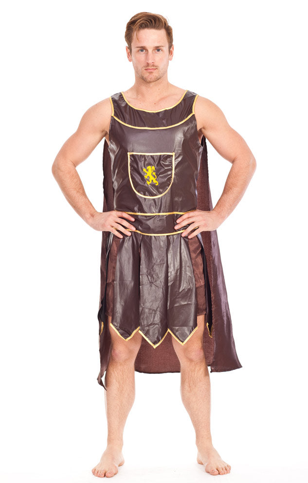 Men's brown Greek warrior tunic costume with gold trim and cape front view