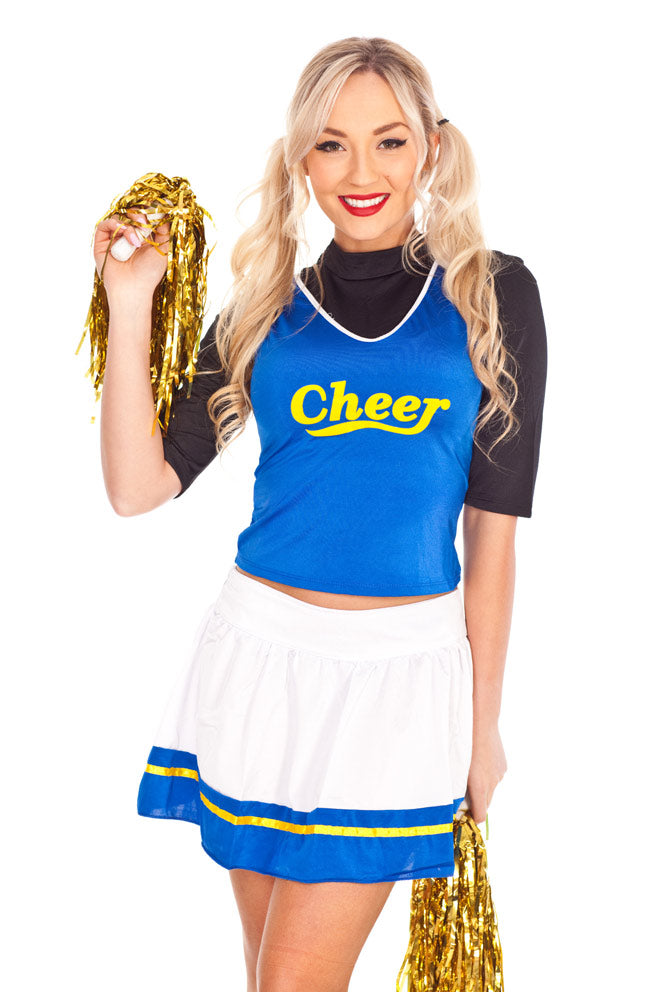 Kids blue and white cheerleader costume with crop top and pleated skirt