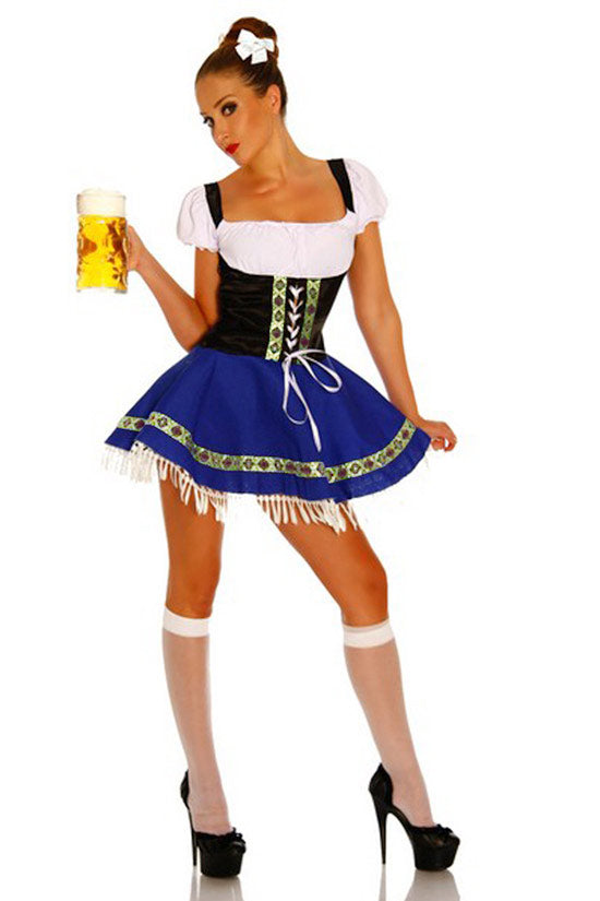 Women's Oktoberfest Dirndl costume with black corset bodice and navy blue skirt