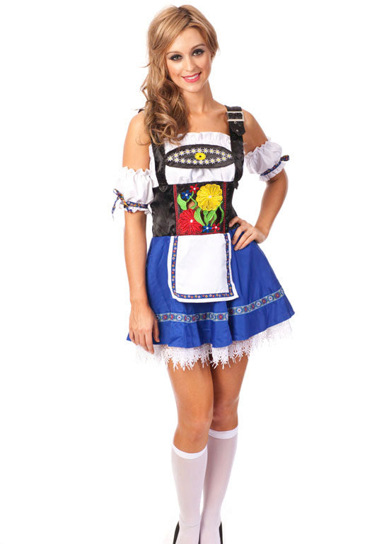Kids Bavarian dirndl costume with embroidered black bodice and blue skirt