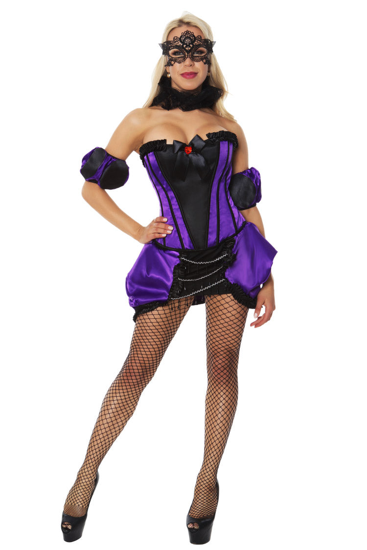 Purple and black masquerade costume with corset bodice and lace mask for kids