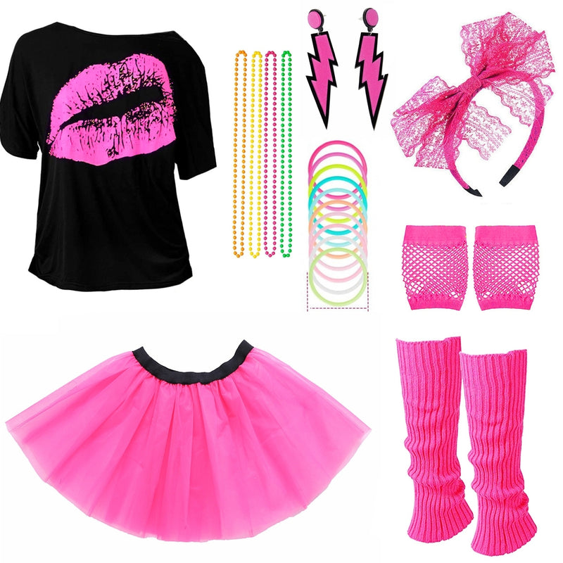 Ladies 80s Costume Hotpink Accessories Set T-Shirt Tutu Headband Earring Necklace Leg Warmers