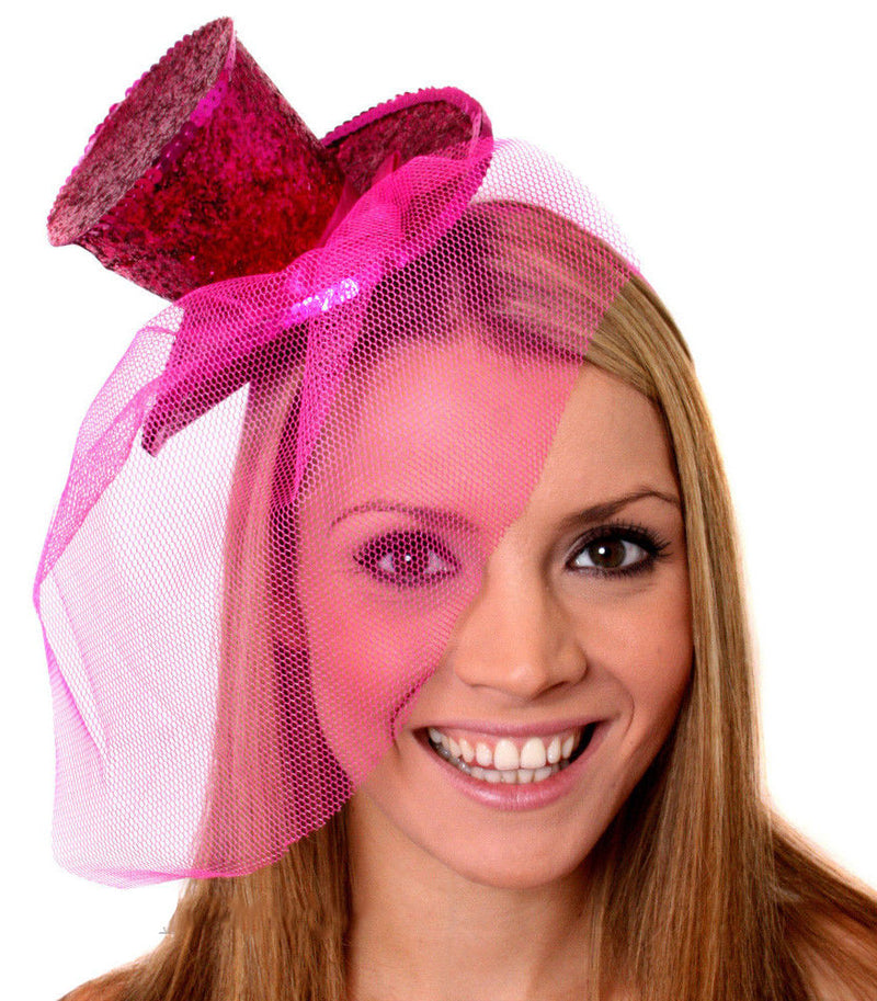 Hot Pink Fever Mini Top Hat on headband Ladies Mini Glitter Top Hat