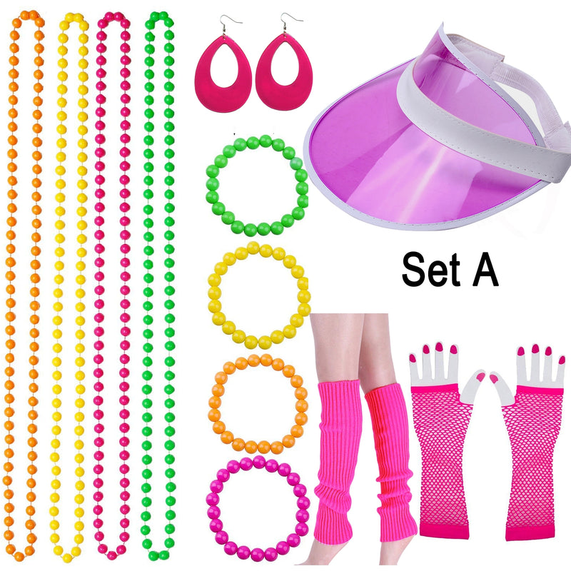 80s Neon Bracelet Necklace Bow Headband Fishnet Gloves Lighting Earring Leg Warmers