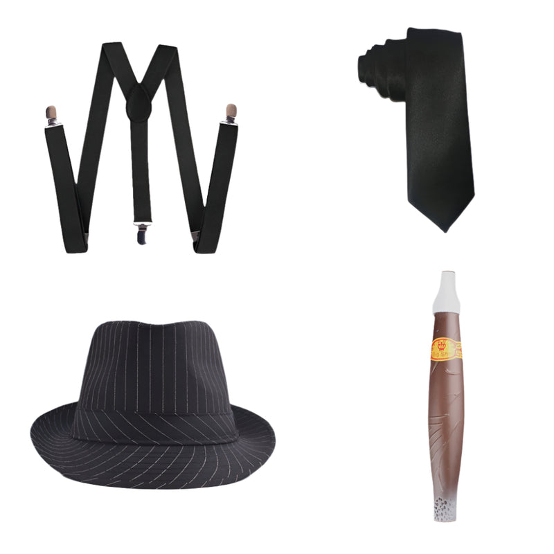 Black Mens 1920s 20s Gangster Set Hat Braces Tie Cigar Gatsby Costume Accessories