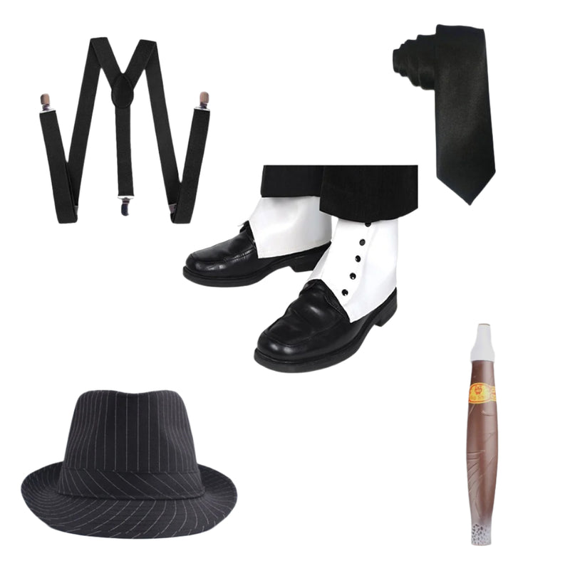 Black Mens 20s Gangster Set Hat Braces Tie Cigar Gatsby Costume Accessories