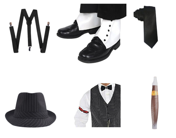 Black Mens 1920s 20s Gangster Set Hat Braces Tie Cigar Gatsby Costume Accessories