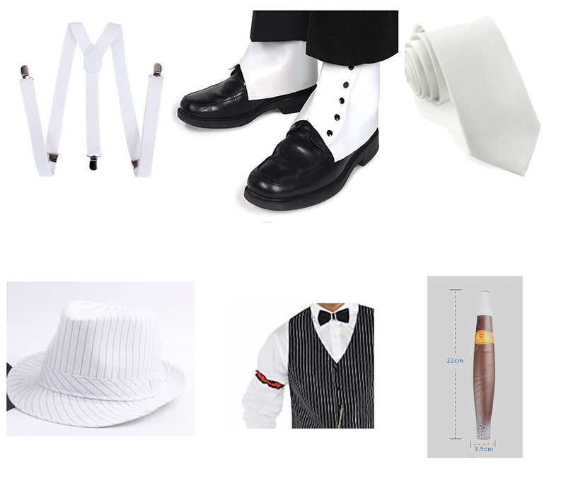 White Mens 20s Gangster Set Hat Braces Tie Cigar Gatsby Costume Accessories