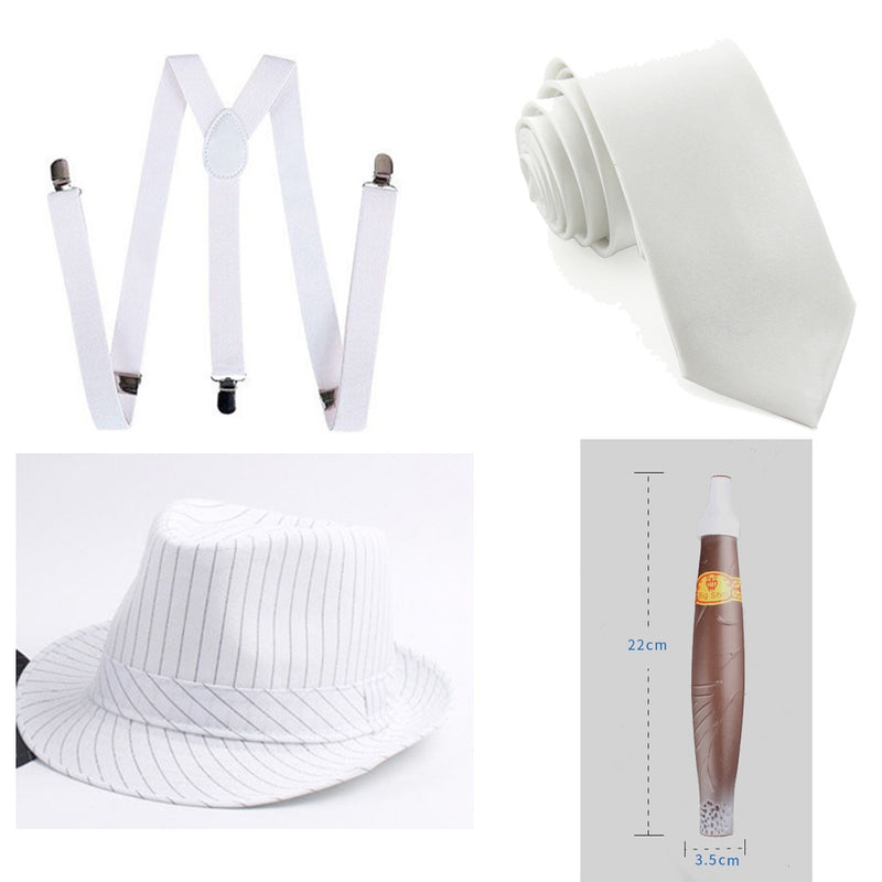 White Mens 1920s 20s Gangster Set Hat Braces Tie Cigar Gatsby